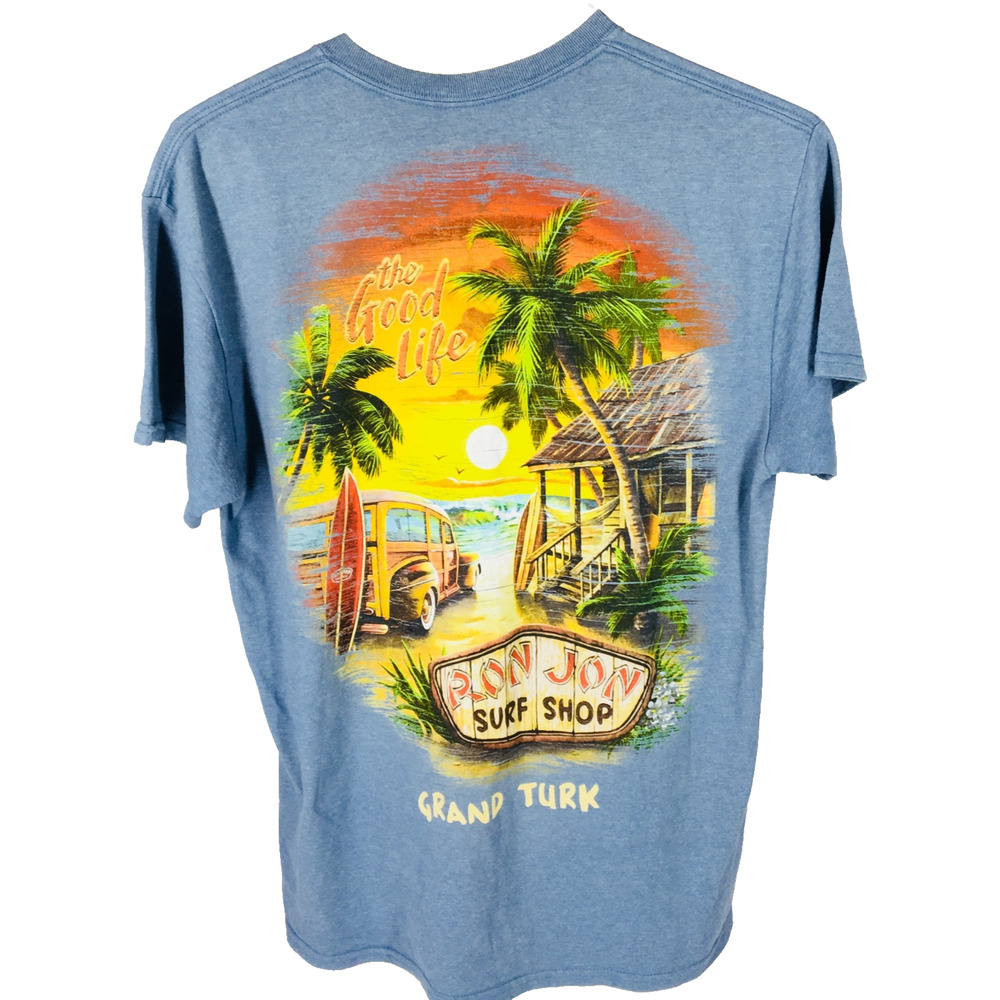 Ron Jon Surf Shop Grand Turk Vtg The Good Life Mens Short Sleeve T Gray Blue (M)